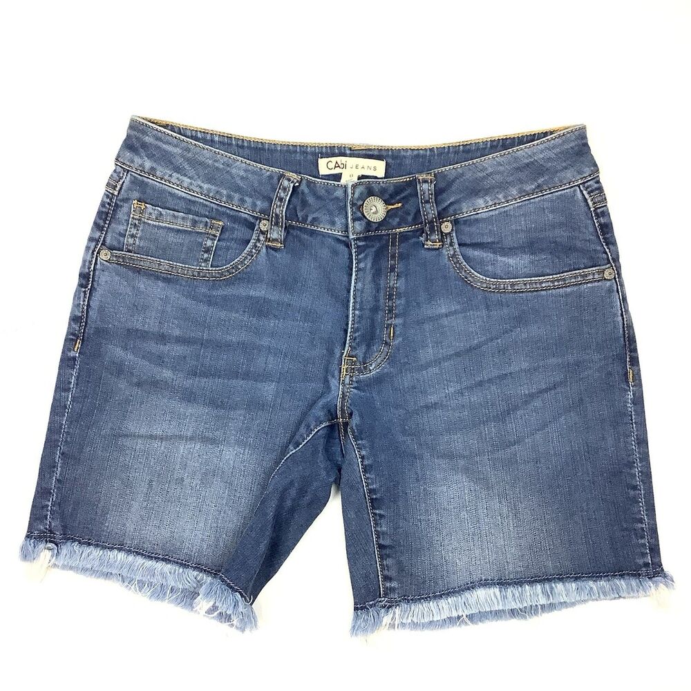 Cabi Jeans Blue Denim Shorts Women Size 0 Fringe Distressed Hem Low Rise Stretch
